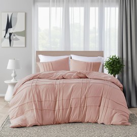Pinch Pleat Comforter Set King – 3-Piece Bedding Set with Grid Pattern – Ultra Soft Pre-Washed Microfiber, Lightweight and Fluffy King Size Comforter Pink, All Season Warmth – Includes 2 Shams