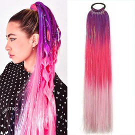 Rainbow Ponytail Extensions With Hair Tie 100g/Pack Coloured Hair Extensions for Braiding 22 inch Colorful Ombre Pony Tail Hair Extensions for Girl Women (Purple peach pink, 24inch color ponytail)