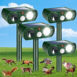 4 Pack Solar Ultrasonic Animal Repellent Outdoor Sonic Fortress Pro Deer Repellent Deterrent Light,Waterproof Cat Squirrel Raccoon Dog Mouse Rabbit Repellent with Motion Detection for Garden Yard