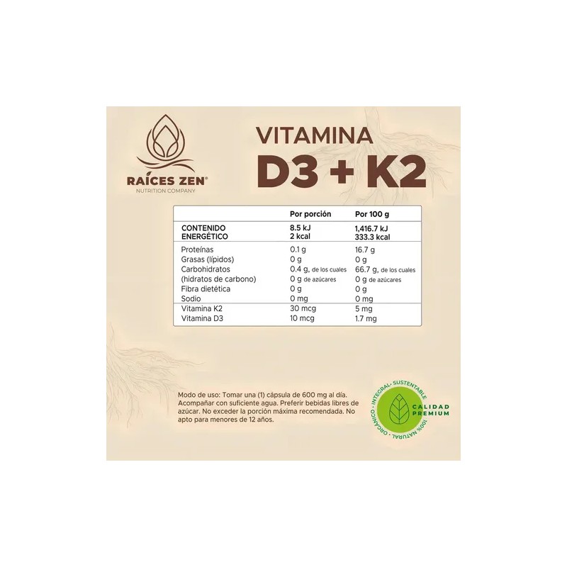 Vitamina D3 + K2 120 Cápsulas Raíces Zen Super Premium