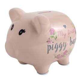 Baby Essentials Baby’s First Piggy Banks for Boys and Girls in Blue or Pink (Flowers)