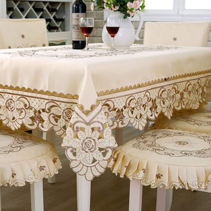 Lelehome Mantel de encaje crema con bordado de flores marrón,