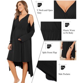Ekouaer Maternity Nightgown and Robe Set Nursing Dress Pregnancy Gowns for Hospital Breastfeeding Nightgowns Black XXL