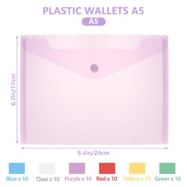 SHUESS 60 Pcs Plastic Wallets A5 - A5 Plastic Wallets with Popper - Plastic Wallet Folders - A5 Plastic Folders for Paperwork A5 for Home, Office, School (6 Assorted Colour)