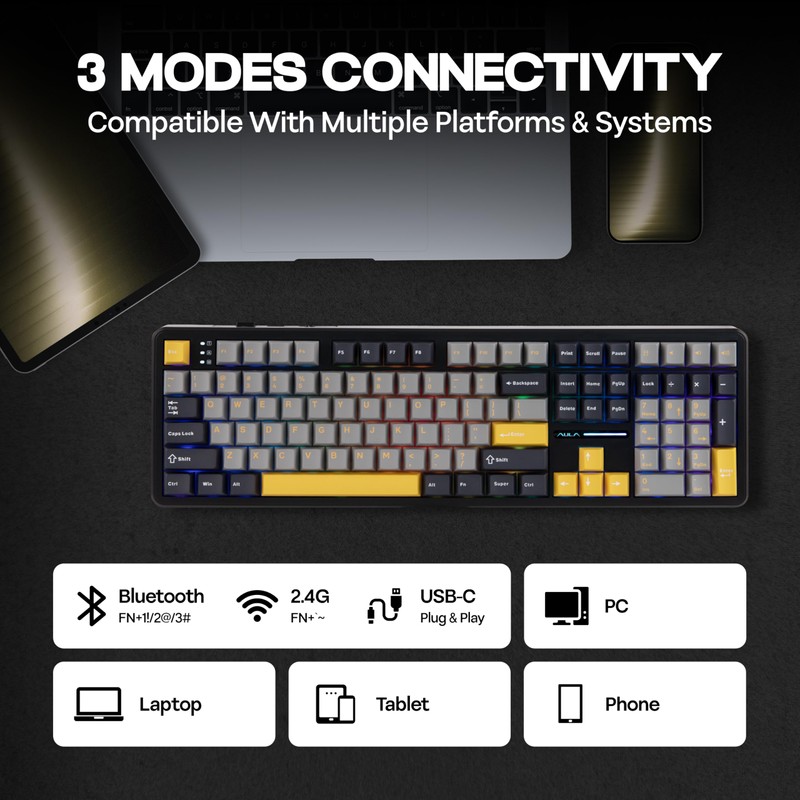 MechLands Aula F108 100% Wireless Gaming Keyboard, Full Size Custom