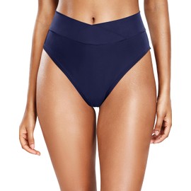 Tempt Me - Traje de baño de cintura alta para mujer, corte en V, parte inferior de bikini, Azul marino, Small