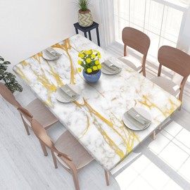 BOXIMIAO Tablecloth with Elastic Edge Gold Lined Marble Texture Rectangle Waterproof Oil-Proof Table Cloth Washable Reusable Table Cover for Kitchen Dining, One Size