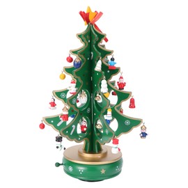 Cabilock Christmas Tree Classic Music Box Wooden Clockwork Design Christmas Tree With Snowman Pendants Miniature Handmade Melody Box Ornaments For Holiday Festival, Green