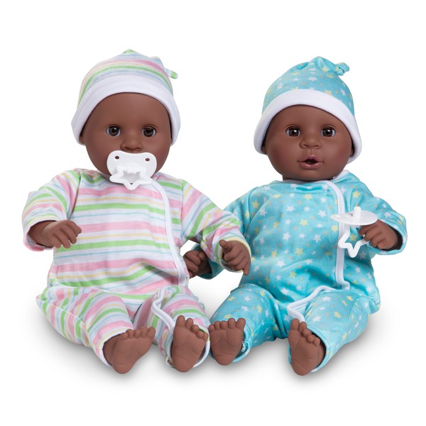 Melissa & Doug Mine to Love Twins Tyler & Taylor 15” Dark Skin-Tone Boy and Girl Baby Dolls with Rompers, Caps, Pacifiers
