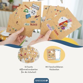 Papierdrachen 32 Affirmation Cards for School Children, Motivational Cards with Superhero Animals, Courage Cards with Gift Box, Set of 5