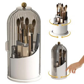 Primst Makeup Brush Holder Case, 360° Rotating Cosmetic Organizer with Dustproof Lid, Spinning Cosmetics Holders Storage Organizer for Vanity and Bathroom (Black)