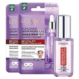 L'Oréal Paris - Rituel Anti-scratch Eye Care with Hyaluronic Acid & Caffeine - 1 x Serum with Roller, Triple Ball Bearings (20ml) & 2 x Fabric Masks - Revitalift Filler