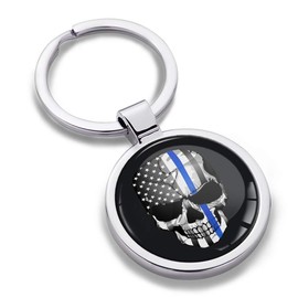 Biomar Labs® KK 263 Metal Keyring Car Key Ring with Gift Box Metal Keyring Stainless Steel Skull Emblem USA Flag Thin Blue Line, silver
