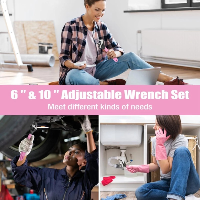 WORKPRO 6-Inch & 10-Inch 2-piece Pink Adjustable Wrench Set Metric