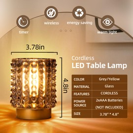 Battery Operated Lamp with Timer, Mini Crystal Table Lamp for Home Decor, Small Cordless Lamp for Areas No Outlets, Glass Battery Powered Lamp for Entryway, Bedroom, Bathroom, Shelf, Corner(Gray)