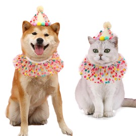 AWOCAN Cat Dog Birthday Hat Scarf Set Puppy Princess Costumes Party Hat Lace Lace Cute Cat Outfit Dots Bandana Doggy Cat Birthday Decorations Pet Party Supplies (Colour-1)