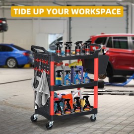 DWVO Rolling Auto Detailing Cart with Wheels & Hanging Bucket, 3-Tier Organizer with Hooks & Long Hanging Panel, Car Wash Utility Cart for Garage, Workshop, Repair Shop, DIY Home (17" D x 33" W)