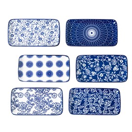 Cerkik Rectangle Serving Platter Set - 8 Inch Ceramic Rectangular Dinner Plates Serving Trays for Sushi Salad Dessert Appetizer Pasta - Oven Microwave Dishwasher Safe - Set of 6 - Blue and White