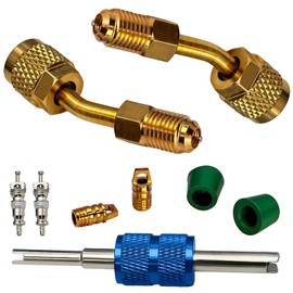 R410A Adapter Kit,R410A Refrigerant Hose Connector for Mini Split Adapter, 5/16 to 1/4 Coupler R410A Refrigerant Hose Adapter Connector Valve Core Remover, Mini Split Vacuum Pump Kit (2 Angled)