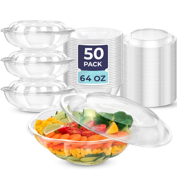 Fit Meal Prep 50 Pack 64 oz Clear Plastic Salad Bowls with Airtight Lids, Disposable To Go Salad Containers for Lunch, Meal, Party, BPA Free Clear Bowl for Acai, Green Salad, Fruits, Nuts