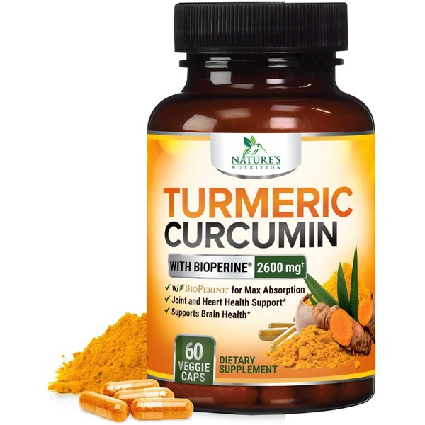 Turmeric Curcumin with Bioperine 95% Curcuminoids 2600mg with Black Pepper for Best Absorption, Made in USA, Best Vegan Joint Support, Turmeric Supplement Pills by Natures Nutrition - 60 Capsules