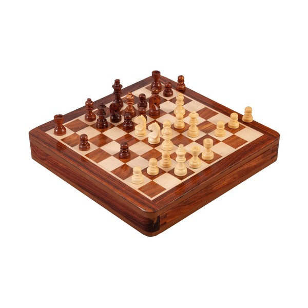 Wooden Magnetic Travel Chess Set - 10" Square with Drawer