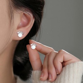 Dainty CZ Moonstone Paw Stud Earrings for Women Silver Plated Cute Round Crystal Cat Dog Animal Claw Pawprint Cartilage Tragus Studs Hypoallergenice Earring Cute Birthday Wedding Jewelry