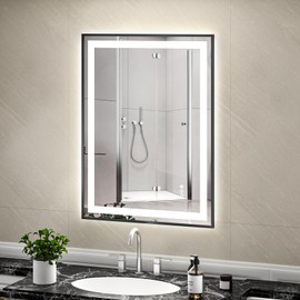 24"x32" Black Frame LED Mirror for Bathroom, Light Up Bathroom Mirror with Front Light and Backlit, Anti-fog, Memory, Dimmable 3 Colors Lighted Bathroom Mirror, Shatterproof, Horizontal Vertical Mount