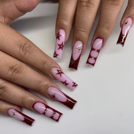 MISUD Press on Nails Extra Long Square Fake Nails Glossy Glue on Nails Red Brown French Tip Acrylic Nail Supplies Squoval Artificial Nail Art Star Stick on False Nails with Design DIY 24 pcs