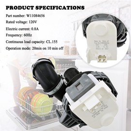 W11084656 W10805387 Dishwasher Circulation Pump and Motor Assembly for Whirlpool for Kenmore for KitchenAid Dishwasher Replacement Parts W10854710, AP6050340, PS12070585