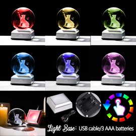 80mm 3D Crystal Glass Ball Engraved Cat and Butterfly Figurine Ornaments with LED Base, Cat Themed Gifts for Cat Lovers Women Friends