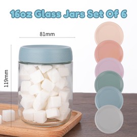 BCnmviku 16oz Glass jars with Airtight Lids, Overnight Oats Containers with Lids, Wide mouth Mason Salad jars, Glass Food Storage Containers for Snacks Yogurt Spice Sugar (6pack-Multicolor-16oz)