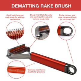 Warren London Dematting Rake Dog Brush for Dematting & Shedding | Premium Undercoat Rake for Dogs | Cat Brush for Long Haired Cats Deshedding Tool | Skin Friendly Rounded Edge Dematting Tool for Dogs