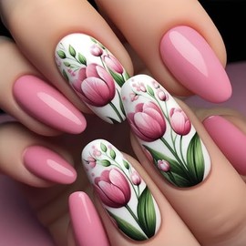 Uñas postizas cortas con forma de almendra y flores de tulipán rosa, acrílicas, de cobertura total, adhesivas para mujer, brillantes, reutilizables, k