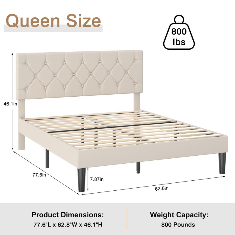 VECELO Queen Size Bed Frame with Button Tufted Headboard, Upholstered