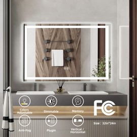 LED Bathroom Mirror, 24x32Inch Front and Backlit, 3 Colors Dimmable, CRI>90 Double Lights, Enhanced Anti-Fog, Wall Mount Lighted Mirror, Horizontally/Vertically Mounted