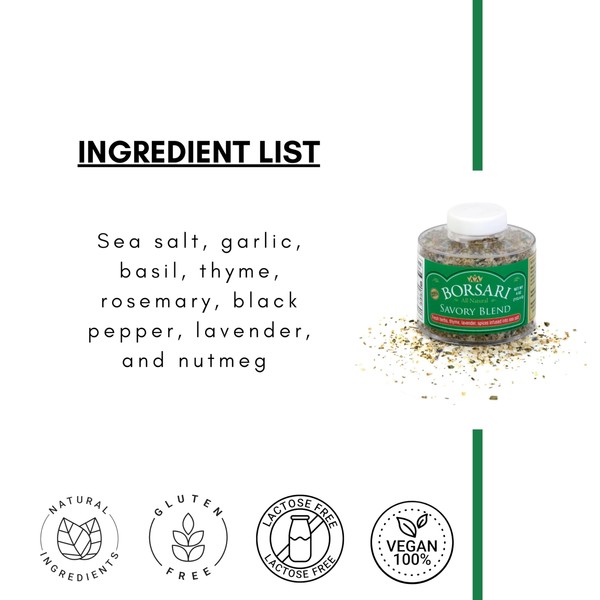Borsari Savory Seasoned Salt Blend - Gourmet Sea Salt With Fresh Herbs and Spices - Gluten Free All Natural Keto Friendly All Purpose Seasoning With Thyme and Lavender - 21oz