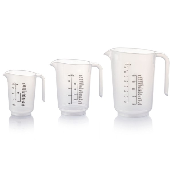 Grizzly Measuring Cup Set, 3 x Dosing Aid with 1 x 1000 ml, 1 x 500 ml and 1 x 250 ml, Shatterproof, Heat Resistant, Dishwasher Safe, Mixing Cup for Liquids and Powder