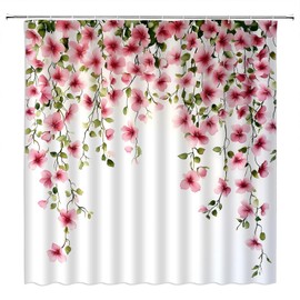 Pink Floral Shower Curtain Flower Green Leaf Leaves Weeping Vine Nature Spring Fabric Curtain with Hooks for Bathroom Decor,70x70 Inch