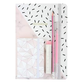 Emartbuy Cool Stationery Unique Gift Set with A5 Marble Notebook A6 Journal Ballpoint Pen in Ribbon - Pink