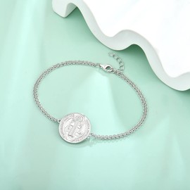 FJ 18MM Saint Benedict Bracelet 925 Sterling Silver, NR Cross Protection Pendant,Round Coin Antiqued Religious Protector Talisman Jewelry
