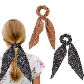 Hair Scrunchies Ribbons for Girls Women Black and Red Hair Bows Floral Bowknot Hair Scarf Elastic Vintage Floral Scrunchie Bow Ties for Women Girls Ponytail Holders for Thick Thin Hair 2 Pcs