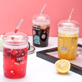 JHNIF 16 Oz Lovely Strawberry Clear Glass Tumbler with Lid and Straw