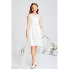 GRACE KARIN Girls Tulle Sequin Dress Princess Party Dress with Throw Skirt A-line Evening Dress Sleeveless Round Neck Mesh Dress, White