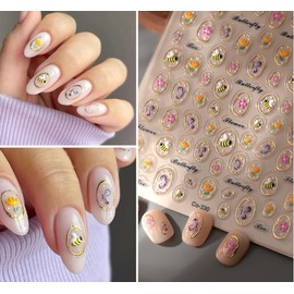 Flower Nail Art Stickers,Nail Decals Cute Bee Butterfly Gold Hollow Designs Self-Adhesive Nail Stickers Design Decoration Accessories (Flower Butterfly Bee)
