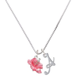 Delight Jewelry Silvertone Hot Pink Hibiscus Flower - Silvertone Script Initial Charm Necklace, 18"+1"