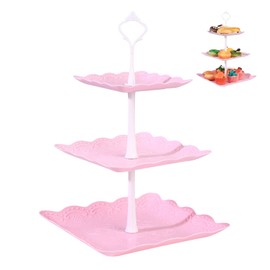 SZJYG 3 Tiers Cake Display Stand, Pink Afternoon Tea Stands, Plastic Square Cup Cake Fruit Dessert Party Server Plates Stands, Reusable Food Serving Platter Stand for Birthday, Wedding, Party