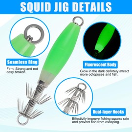 Luminous Squid Jig Hooks Saltwater Fishing Lures Kit,5/10pcs Glow Squid Jigs Fluoresent Cuttlefish Sleeve Fishing Jigs Baits Night Octopus Lures Glow in Dark Green Color (Luminous Green-5pcs)