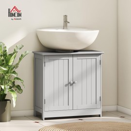 HOMCOM Under Sink Bathroom Cabinet, Pedestal Sink Storage Cabinet with 2 Doors, Shelf and U-Shape, Light Gray