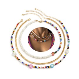 Gangel Boho Beaded Necklace Floral Pearl Choker Necklaces Gold Layered Chain Flower Necklaces Jewelry for Women